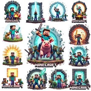 Mine PNG Clipart Bundle | Pixel Gamer Characters & Mining Art | Kids Birthday Party Decor | Digital Download with Transparent BG