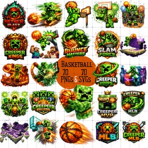 Könnte beinhalten: Eine Sammlung digitaler Basketball-Grafiken mit pixeligen grünen Charakteren, Basketbällen und verschiedenen Action-Posen. Die Designs enthalten Texte wie "Creeper Kings", "Bounce Masters" und "Creeper Hoops". Das Bild enthält auch den Text "Basketball 70 PNGs & SVGs."