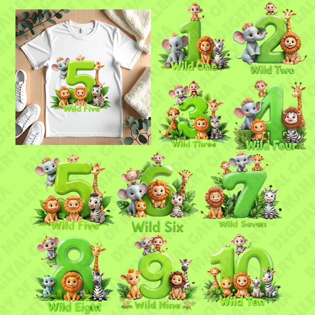 Safari Animals Birthday PNG Bundle: Wild One to Ten, Jungle Theme ...