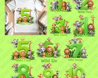 May include: White t-shirt with a green number 5 graphic featuring cartoon animals, including a lion, zebra, and giraffe. The text "Wild Five" is below the number. Additional graphics show numbers 1-10 with animal illustrations.