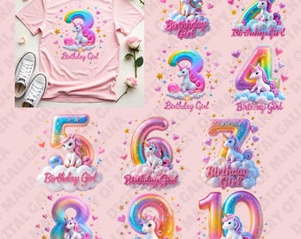 May include: A pink t-shirt with a rainbow number 3 and a unicorn graphic, along with several other unicorn-themed designs with numbers 1-10. Each design includes the text "Birthday Girl".