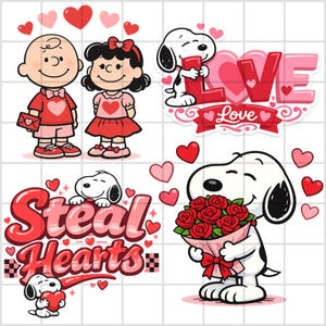 May include: A collection of Valentine's Day-themed stickers featuring cartoon characters and heart designs. Includes Snoopy with a bouquet of roses, Snoopy holding a heart, and the phrase "Steal Hearts". Other stickers include Charlie Brown and Lucy, and the word "Love".