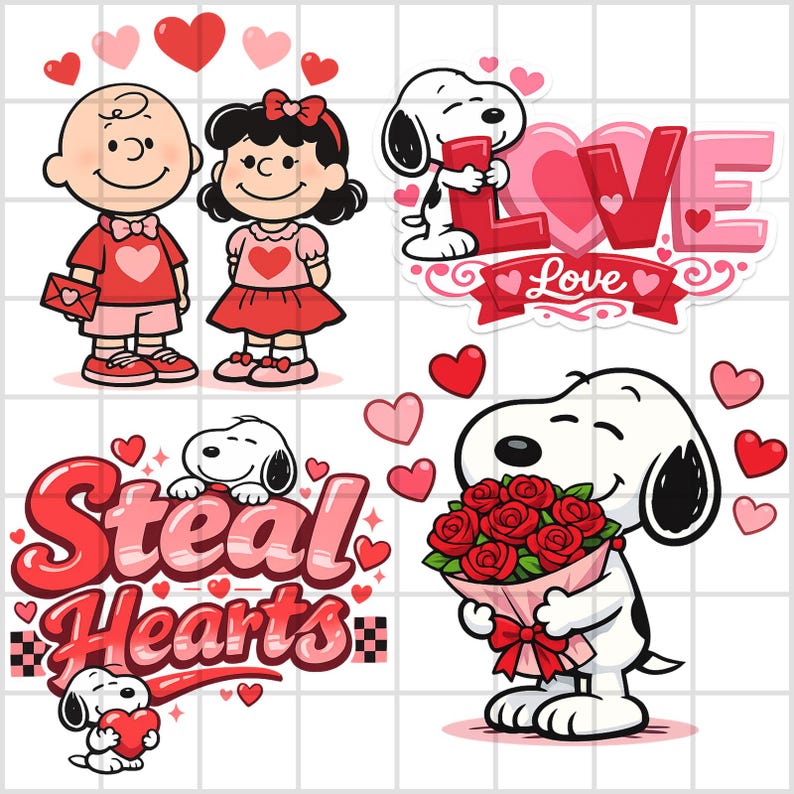 May include: A collection of Valentine's Day-themed stickers featuring cartoon characters and heart designs. Includes Snoopy with a bouquet of roses, Snoopy holding a heart, and the phrase "Steal Hearts". Other stickers include Charlie Brown and Lucy, and the word "Love".