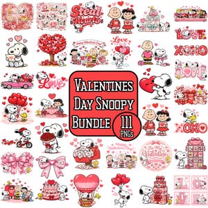 May include: A collection of Valentine's Day-themed Snoopy graphics. The images include Snoopy with hearts, gifts, and friends, along with text like "Love," "XOXO," and "Be My Valentine." The bundle contains 111 PNGs.