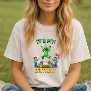 Mine Birthday PNG Bundle – Kids Gamer Birthday Sublimation Clipart – Creeper Party Printable – PNG for T-Shirts, Party Decor, Cake Toppers