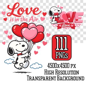 May include: A collection of Snoopy-themed graphics with the words "Love is in the Air". The image includes Snoopy holding heart-shaped balloons, hearts, and the word "Love" in a heart-shaped design. Also included is a red square with the number "111" and the word "PNGs".