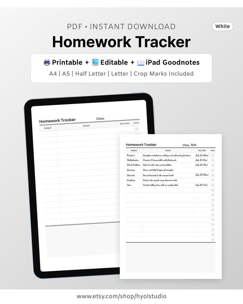 Homework Tracker Printable | Minimalist Black and White | A4 A5 Letter ...