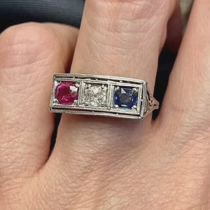 Art Deco Geometric Three Stone Ring, Ruby Sapphire Moissanite Sterling Silver (White Gold Finish)