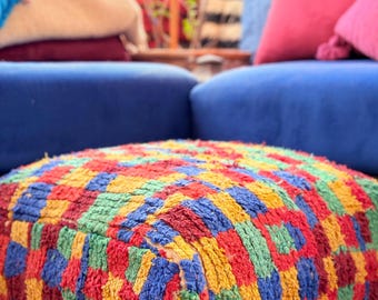 Colorful Moroccan Handmade Pouf, Berber Floor Cushion, Boho Ottoman Seat, Wool Pouf Decor, Unstuffed Floor Pillow