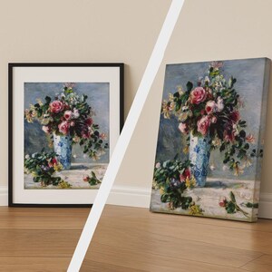 Impresión de rosas y jazmines en un jarrón de Delft de Pierre-Auguste Renoir, póster floral vintage, lienzo de bellas artes clásico.