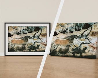 Prehistoric Rock Painting Print, Bull and Horses Wall Art, Vintage Cave Art Poster, Canvas Available
