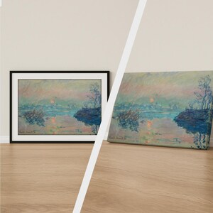 Può includere: Un dipinto di paesaggio incorniciato e una stampa su tela della stessa opera d'arte. L'opera raffigura un sereno paesaggio acquatico con un tramonto, con morbidi blu, rosa e verdi. Il pezzo incorniciato ha un bordo nero.