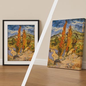 Vincent van Gogh Zwei Pappeln auf einem Weg durch die Hügel Landschaft, Vintage Landschaftsposter, Fine Art Leinwanddruck