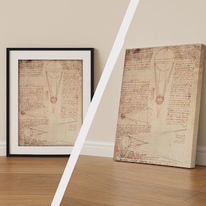 Op de afbeelding: Twee ingelijste prenten van schetsen van Leonardo da Vinci. Het kunstwerk bevat gedetailleerde tekeningen van wetenschappelijke concepten, waaronder een ontwerp van een luchtballon. De prenten zijn in zwarte lijsten en worden tentoongesteld tegen een neutrale muur.