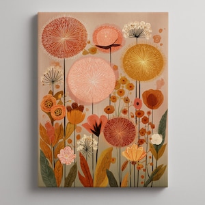 May include: A canvas print featuring a stylized floral design. The artwork showcases a variety of flowers in shades of orange, peach, and yellow against a neutral background. The composition includes large, circular blooms and detailed foliage.