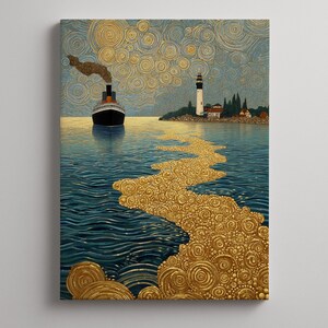 Ornate Coastal Steamship Scene - Vintage Harbor Painting, Art Nouveau Style, Moody Decor with Golden Highlights, Printable Art Download 402