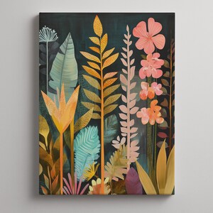 May include: A canvas print featuring a vibrant botanical illustration. The artwork showcases a variety of stylized plants and flowers in shades of orange, pink, teal, and yellow against a dark background. The composition is a mix of detailed and abstract forms.