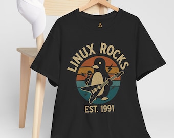 VintageLinux Rocks T-Shirt: Pinguin Gitarren Design, Open Quelle Geek T-Shirt