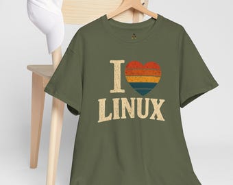 Retro-T-shirt I Love Linux: vintage gestreept hartontwerp voor open source- en Linux-fans
