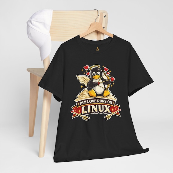 My Love Runs on Linux T-Shirt: Cute Cupid Tux Valentine Design for Linux & Open Source Fans