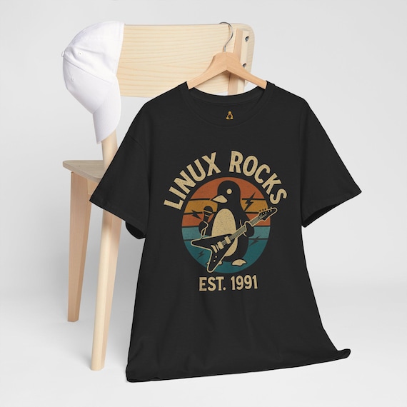 Vintage Linux Rocks T-Shirt: Penguin Guitar Design, Open Source Geek Tee