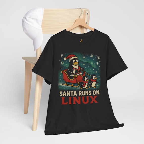 Santa Runs on Linux T-Shirt: Vintage Penguin Christmas Tee