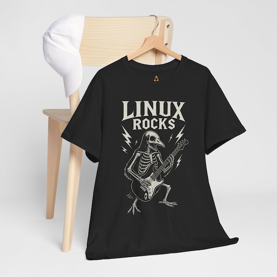 Linux Rocks T-Shirt: Skeleton Penguin Guitarist, Metalhead Coder Tee