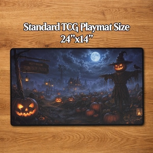 Halloween Pumpkin Patch TCG Playmat, Spooky Scarecrow Card Mat 24x14, Desk Mat