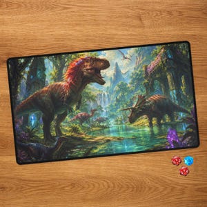 May include: A rectangular playmat featuring a vibrant prehistoric jungle scene with a large brown and red feathered tyrannosaurus, a triceratops, and smaller dinosaurs near a waterfall, accompanied by one red and one blue twenty-sided die.
