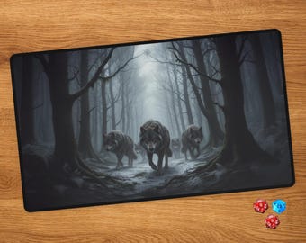Wolfsrudel MTG Krabbeldecke mit Zones | Atmosphärischer Nebelwald Tcg Schreibtischunterlage