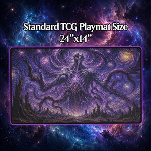 May include: A rectangular TCG playmat featuring a dark, cosmic purple landscape with a central, multi-limbed entity amidst swirling nebulae and stars. The text "Standard TCG Playmat Size 24"x14"" is printed in white above the playmat graphic.