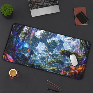 May include: A rectangular desk mat featuring a vibrant, detailed fantasy landscape with bioluminescent flora, floating rock formations, and a creature with long ears. The scene includes glowing blue and purple plants, a waterfall, and a white computer mouse.