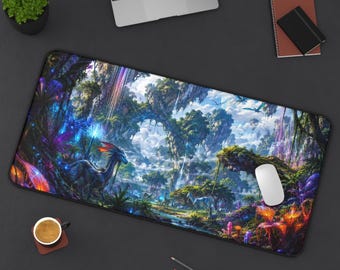 Schattenbild Schreibtischunterlage | Fantasy Alien Planet Pandora Großes Mousepad Biolumineszierendes Jungle