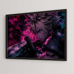 Peut inclure: Une impression d'art mural encadrée représentant une illustration stylisée d'un personnage aux cheveux en pics avec des yeux bleu vif tenant une grande épée. L'œuvre utilise une palette de couleurs magenta, violet et noir, avec des kanjis japonais.