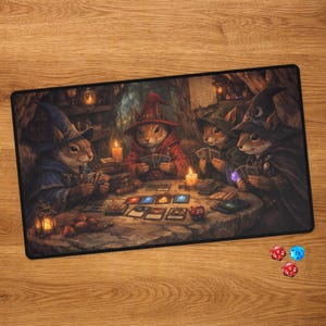 May include: A rectangular mouse pad featuring a fantasy scene of anthropomorphic squirrels playing cards around a stone table. The squirrels wear wizard hats and robes, with candles and lanterns illuminating the scene. Dice are visible in the lower right corner.