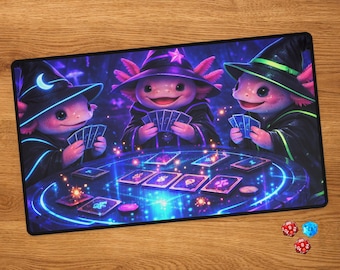 MTG Spielmatte mit Card Zones - Fantasy Axolotl Magier TKG Schreibtischunterlage - Magic the Gathering