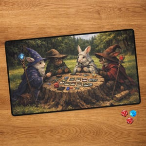 May include: A rectangular play mat featuring four anthropomorphic rabbits dressed as wizards playing a card game around a tree stump table. The rabbits wear robes and hats, with a forest background. Dice are visible.