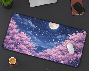 Anime Schreibtischmatte - Sakura Cherry Blossom Night Sky Großes Mousepad - Florale Japanische Landschaft