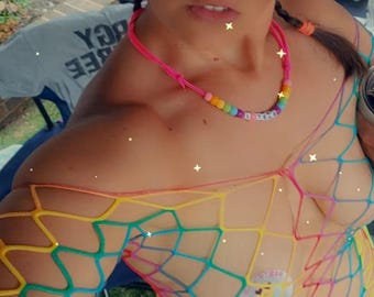 Rainbow Fishnet Dress with 3/4 sleeves