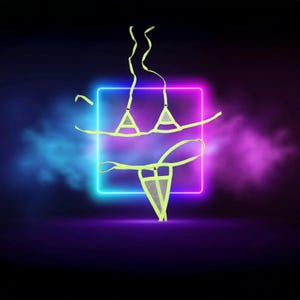 May include: Neon yellow lingerie set. The set includes a triangle top and a thong-style bottom. The lingerie is displayed against a backdrop of a neon square and a dark background with blue and purple hues.