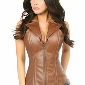 Brown Faux Leather Corset Top for Women – Zipper Front & Lace-Up Back | Steampunk Gothic Bustier Vest