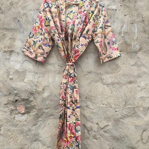 Hand Block Print Cotton Kimono Robe: Bohemian Floral Loungewear