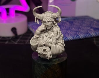 May include: A grey resin bust of an elderly figure with long braided hair, wearing a horned headdress with dangling tassels. The figure rests a hand on their chin while holding a small skull-like object, mounted on a dark cylindrical base.