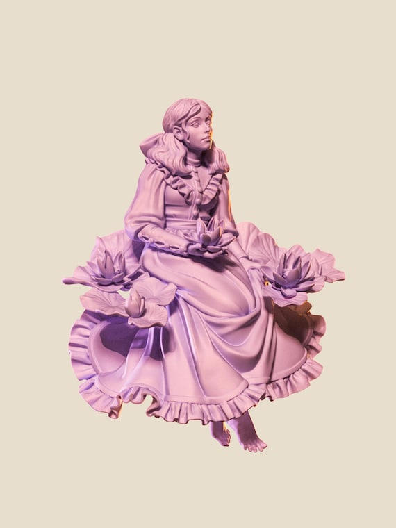 Melancholy girl in lotus flowers printed miniature