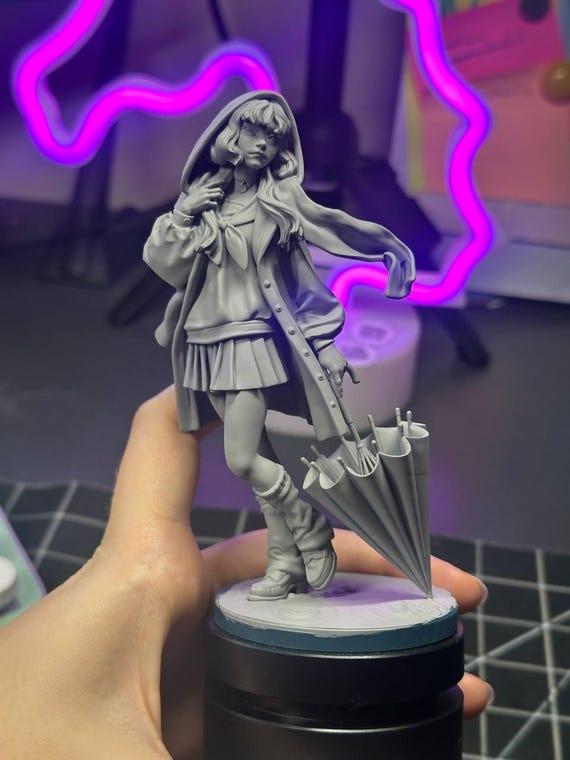 Sad Girl with Umbrella Resin Figure: Raincoat, Falling Leaves  printed figure