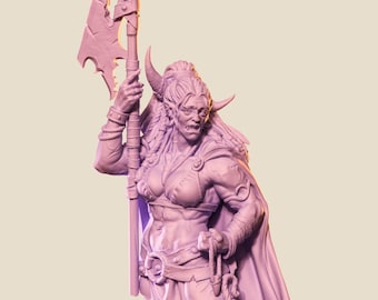 May include: A light purple figurine of a female warrior holding a spear. The warrior has horns, long hair, and is wearing armour and a cape. The spear has a jagged blade.