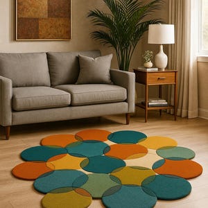 Tappeto a mosaico con cerchi sovrapposti, annodato a mano – Morbido e confortevole per soggiorno e camera da letto. Dimensioni: 5x8, 6x9, 8x10, 9x12