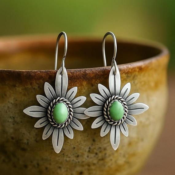 Vintage Oval Turquoise Emerald Resin Earrings - Boho Zircon Studs For Women - View #4