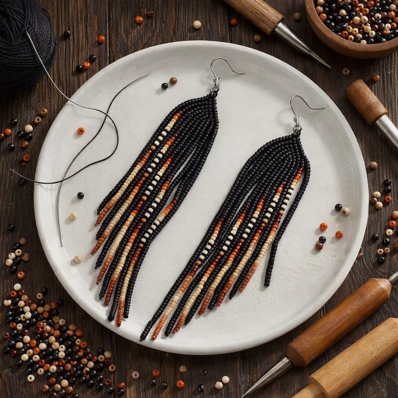 Long Boho Pendant Tassel Earrings – Handmade Geometric Beaded Dangle ...