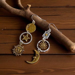 Celestial Sun Moon Star Earrings Mismatched Boho Dangle Earrings Astrology Jewellery Sun Face Moon Face Earrings